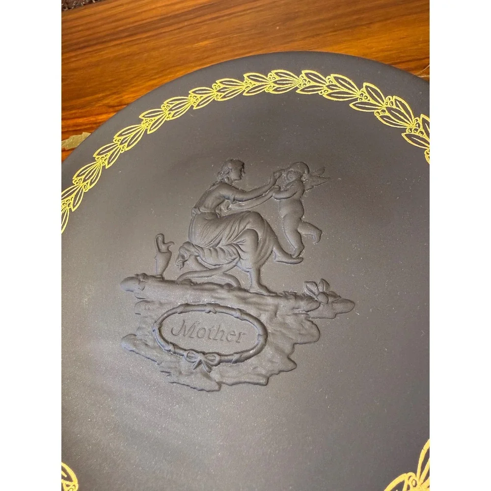 Vintage Wedgwood Mother Plate • Black Basalt Jasperware Gold Relief